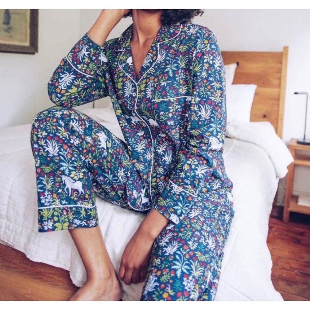 Printfresh 2 Piece Pajama Set Unicorn Garden Print w/ Navy Background Large